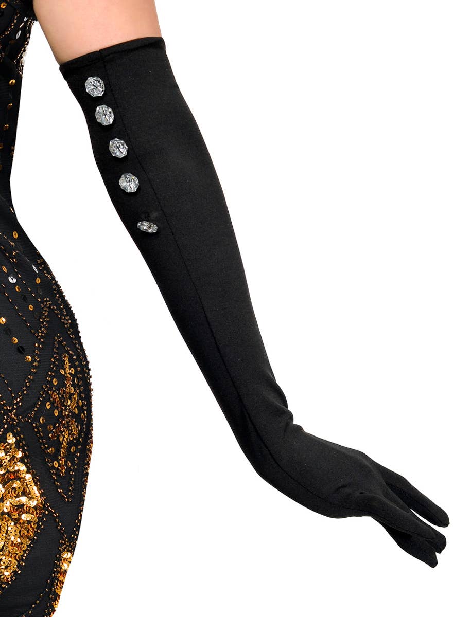 Long Black Flapper Costume Gloves with Buttons