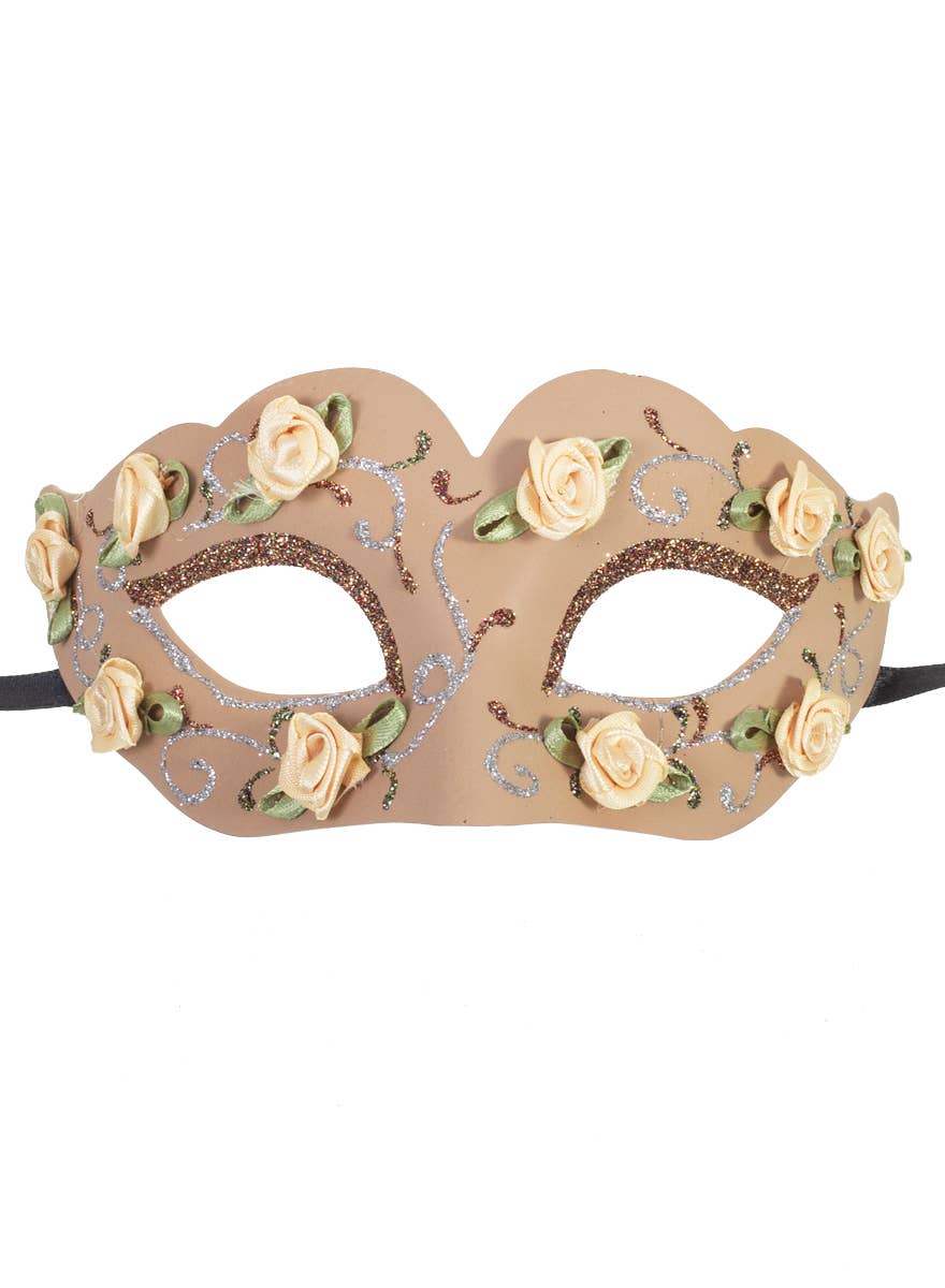 Glittery Floral Tan Masquerade Mask - Main Image