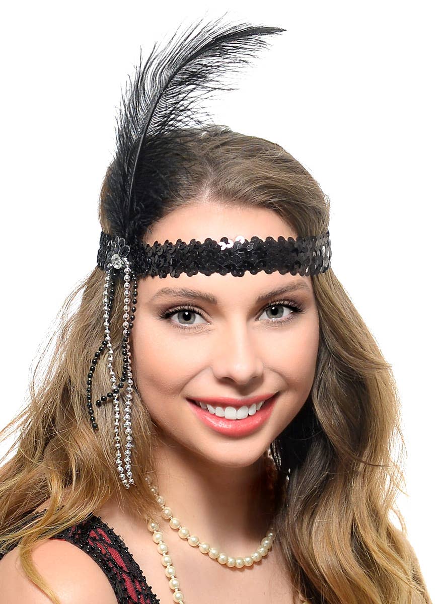 1920s Black Sequin Gatsby Headband with Feather and Beads