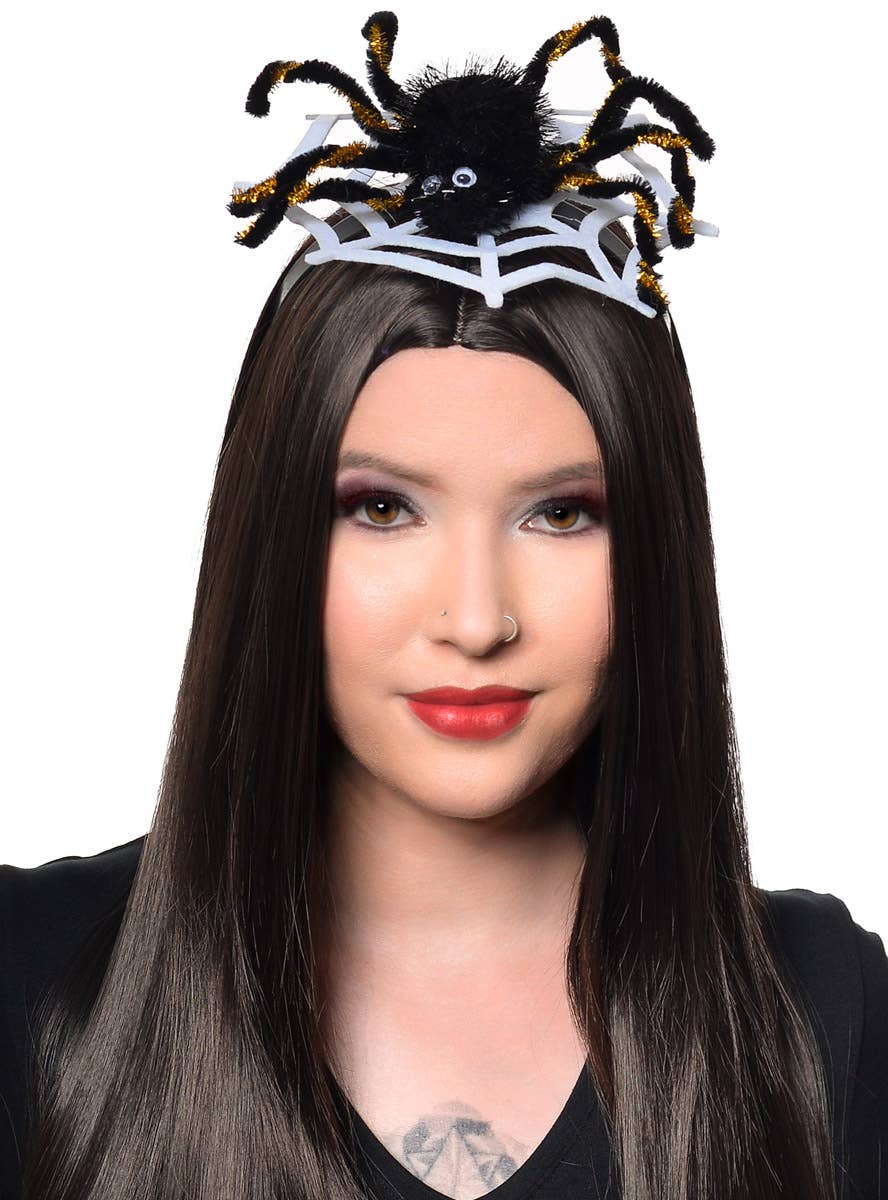 Black and Orange Sparkly Spider Headband with White Spider Web