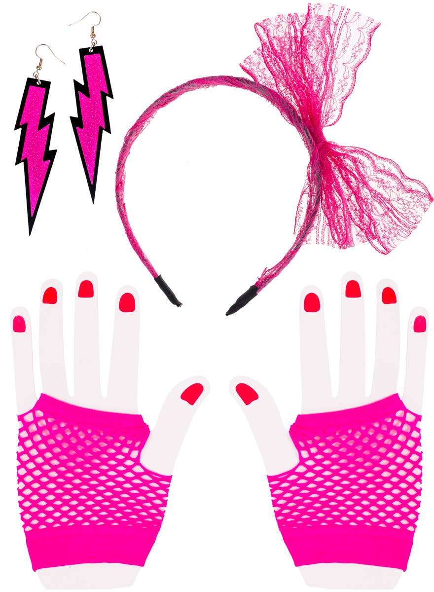 Neon Pink 80s Gloves, Headband and Earrings Accessory Set