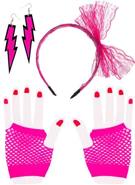 Neon Pink 80s Gloves, Headband and Earrings Accessory Set