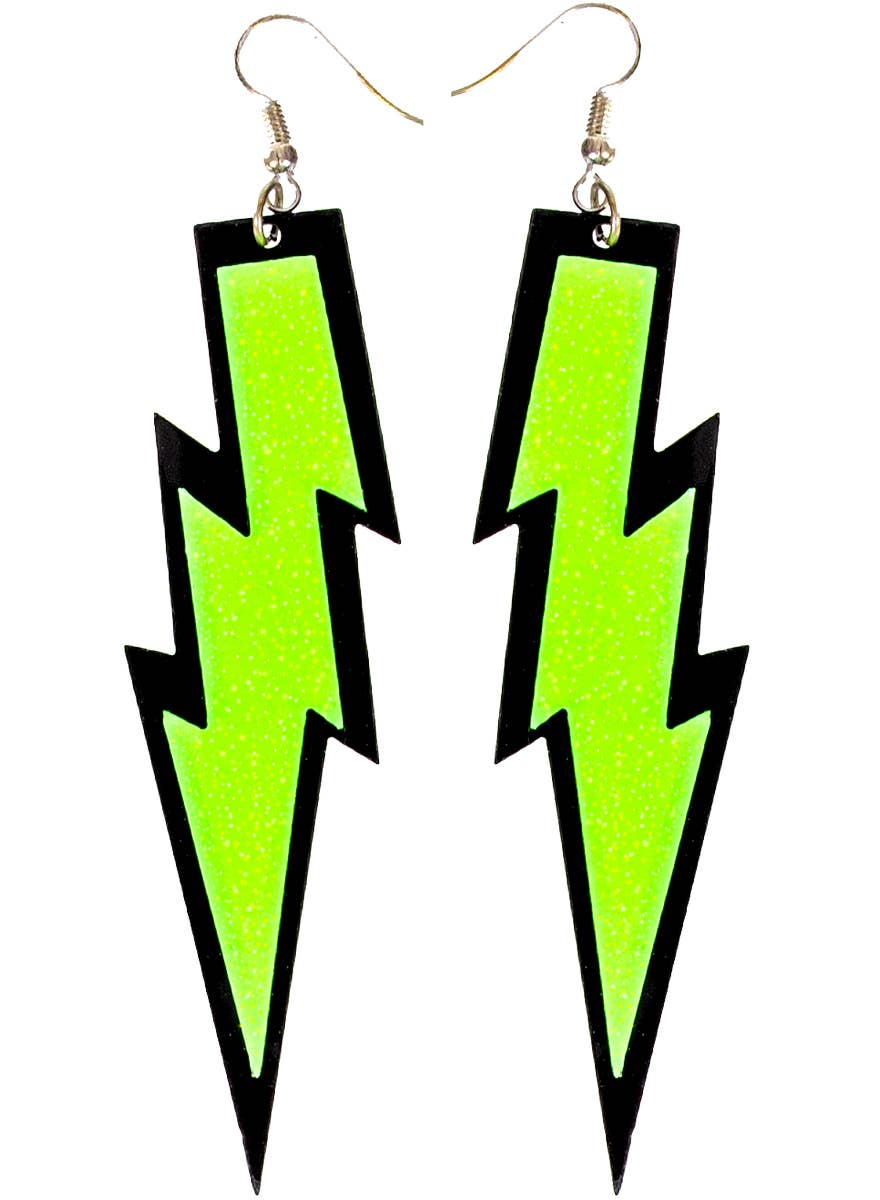 Green Glitter 1980s Lightning Bolt Costume Earrings