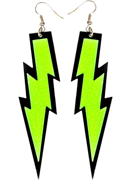 Green Glitter 1980s Lightning Bolt Costume Earrings