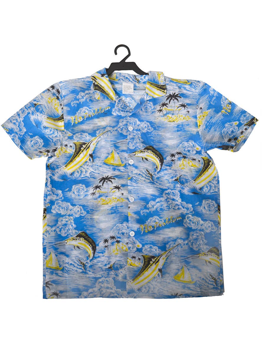 Blue and Yellow Button Up Hawaiian Men's Costume Shirt - alternative image