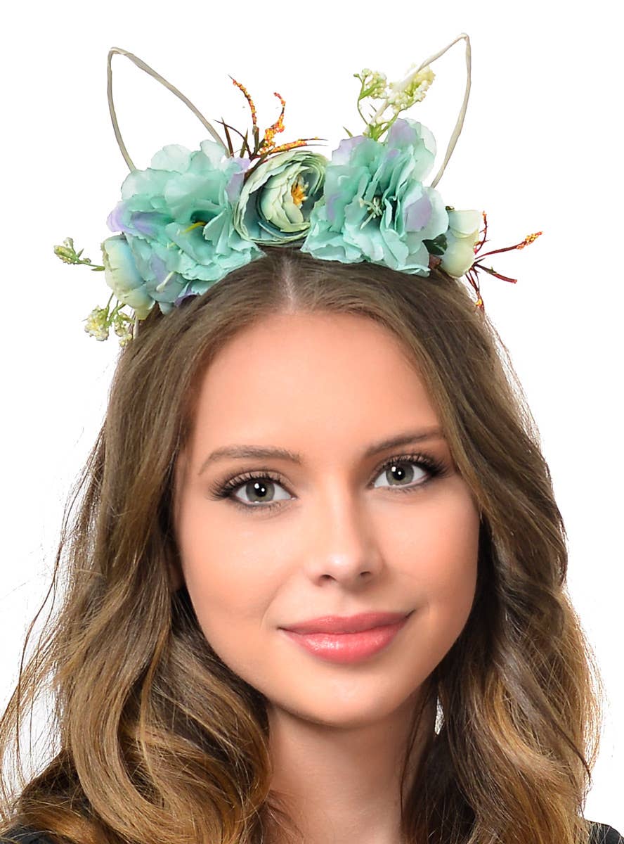 Blue Watercolour Flowers with Easter Bunny Ears on Headband