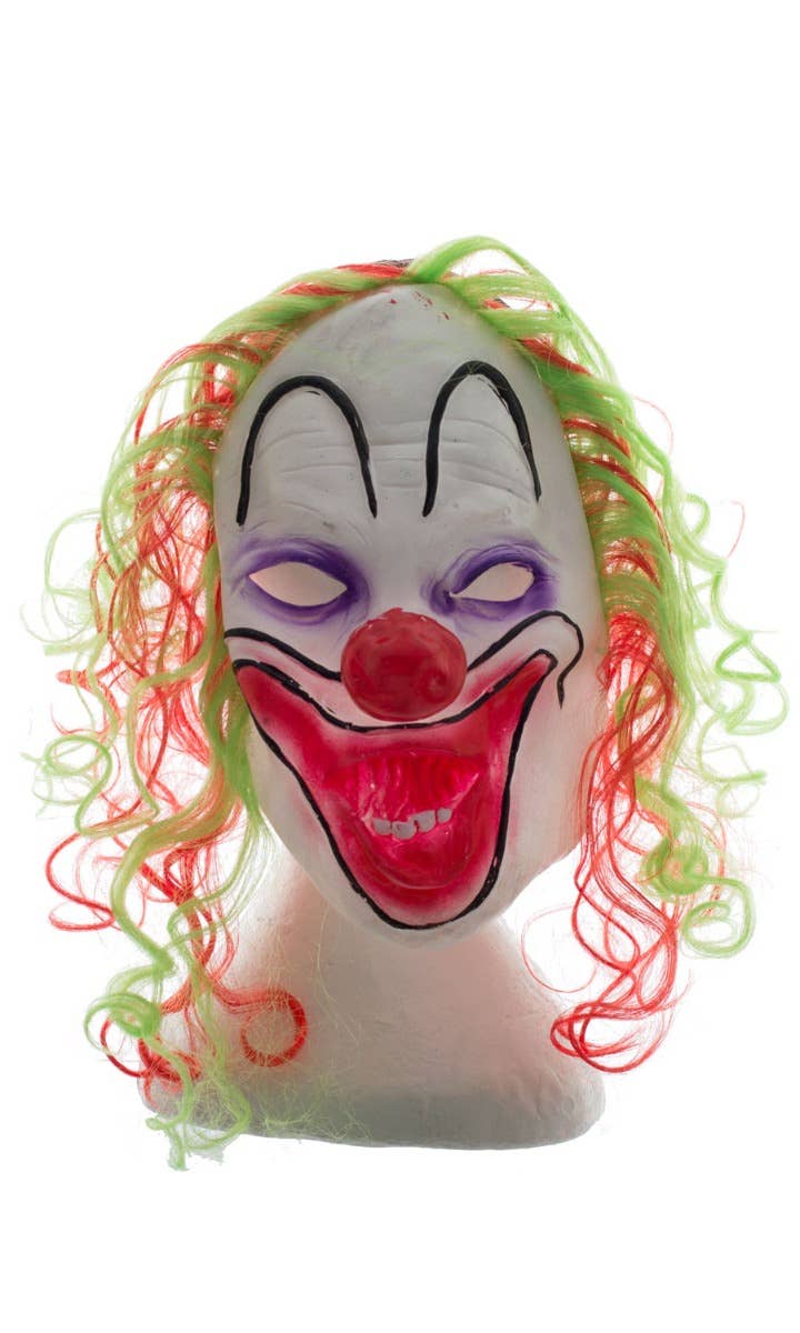 White Novelty Crazy Evil Scary Halloween Clown Mask Costume Accessory With Attached Green And Red Hair Main Image