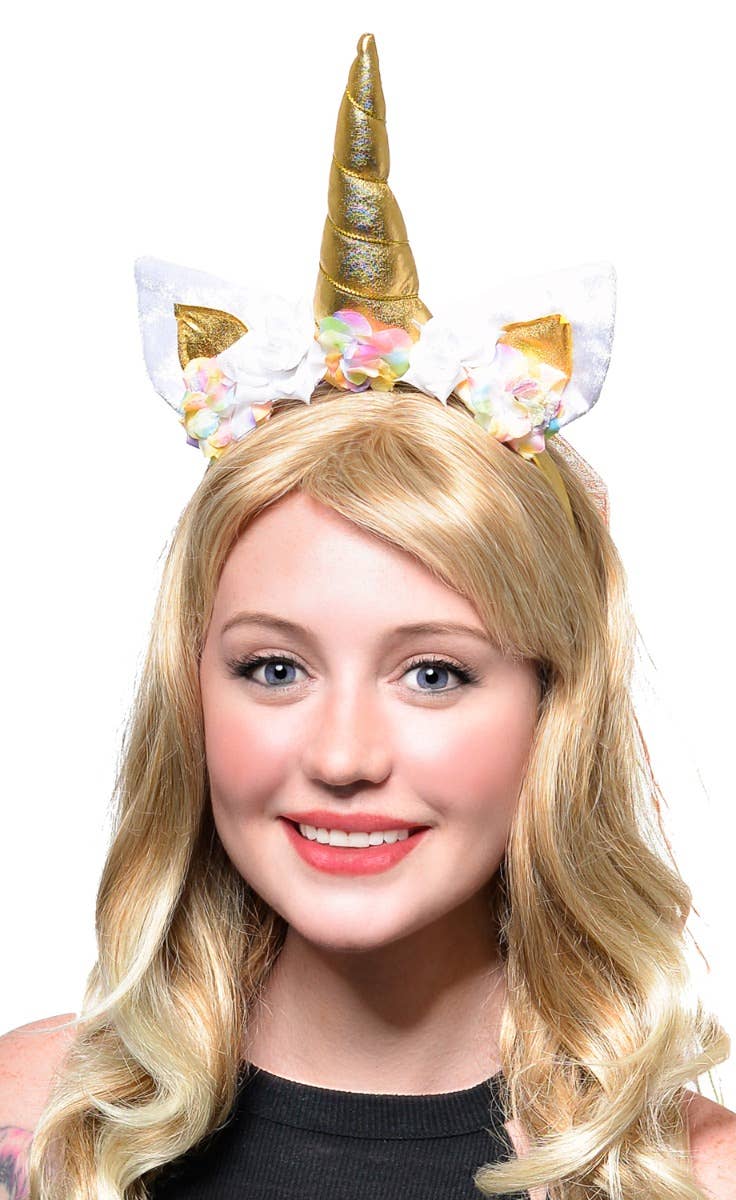 Floral Rainbow Unicorn Costume Accessory Headband With Glitter Rainbow Veil Main Image