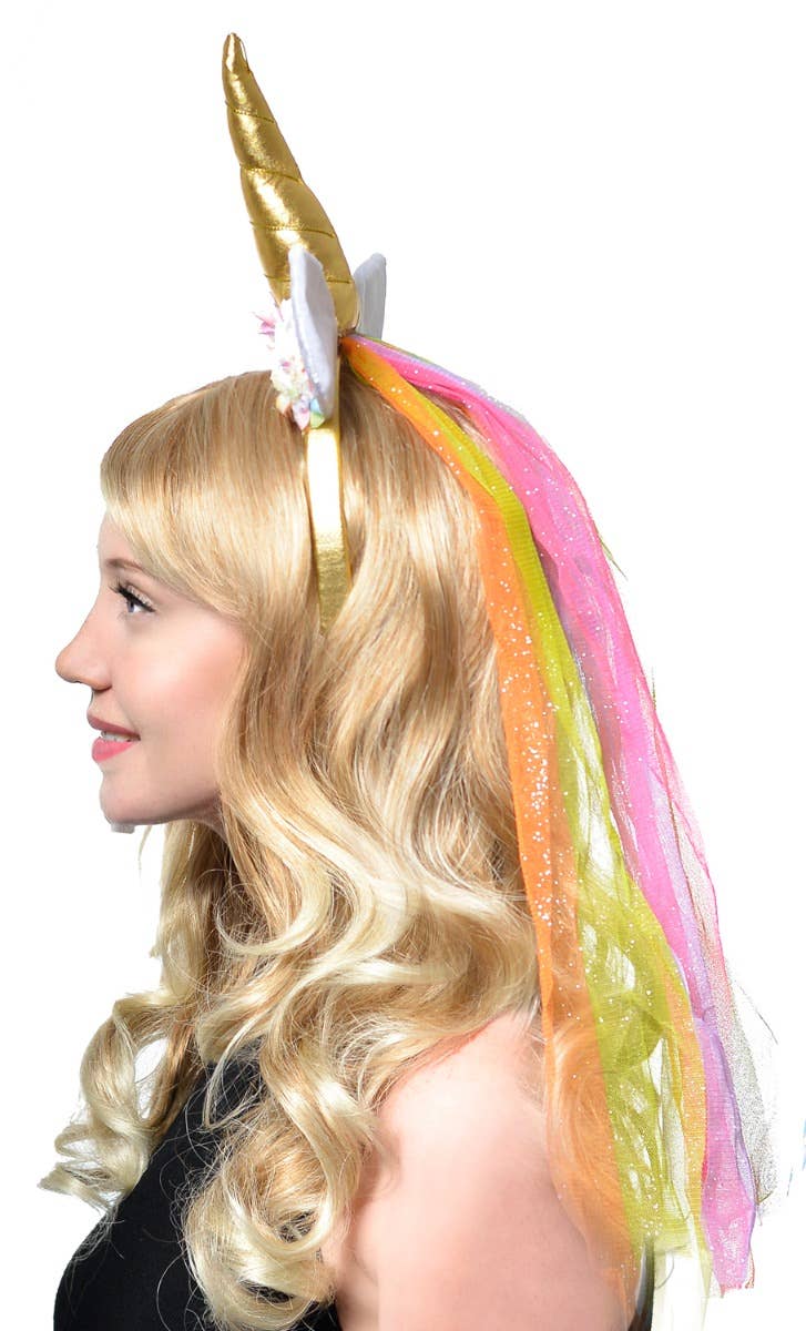 Floral Rainbow Unicorn Costume Accessory Headband With Glitter Rainbow Veil Main Image