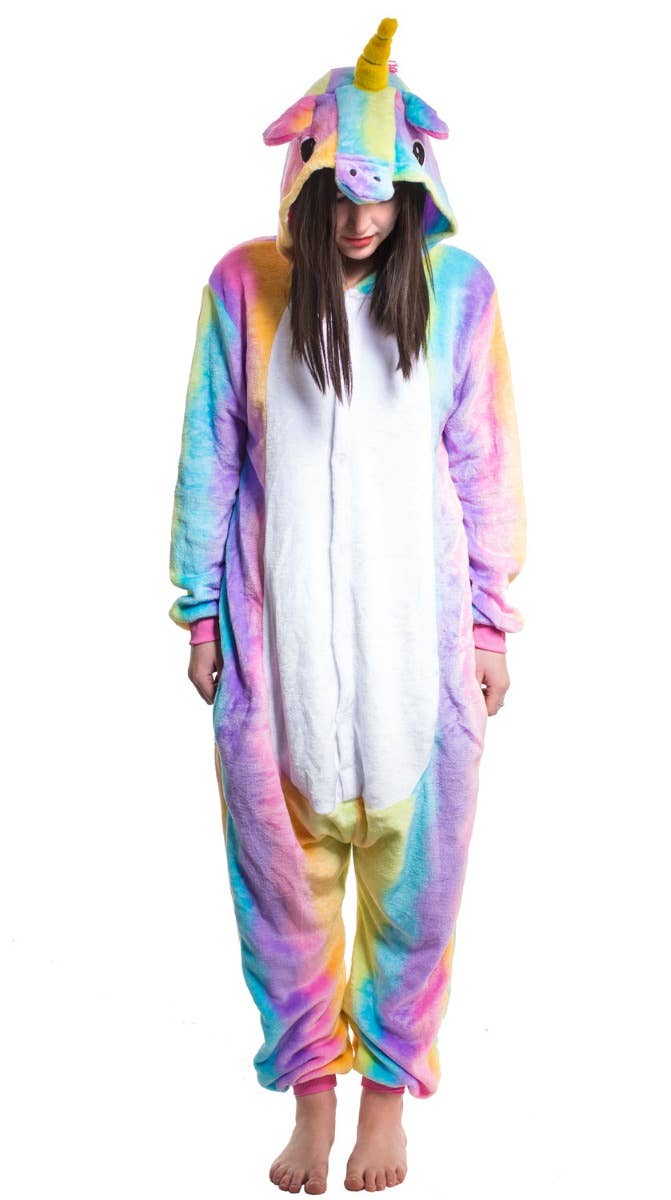 Women's Enchanted Rainbow Striped Unicorn Costume Onesie Jumpsuit Hood View Image