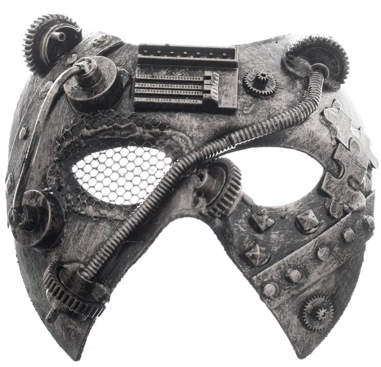 Antique Silver Men's Face Mask Steampunk Mesh Eye Masquerade Mask - Close Image