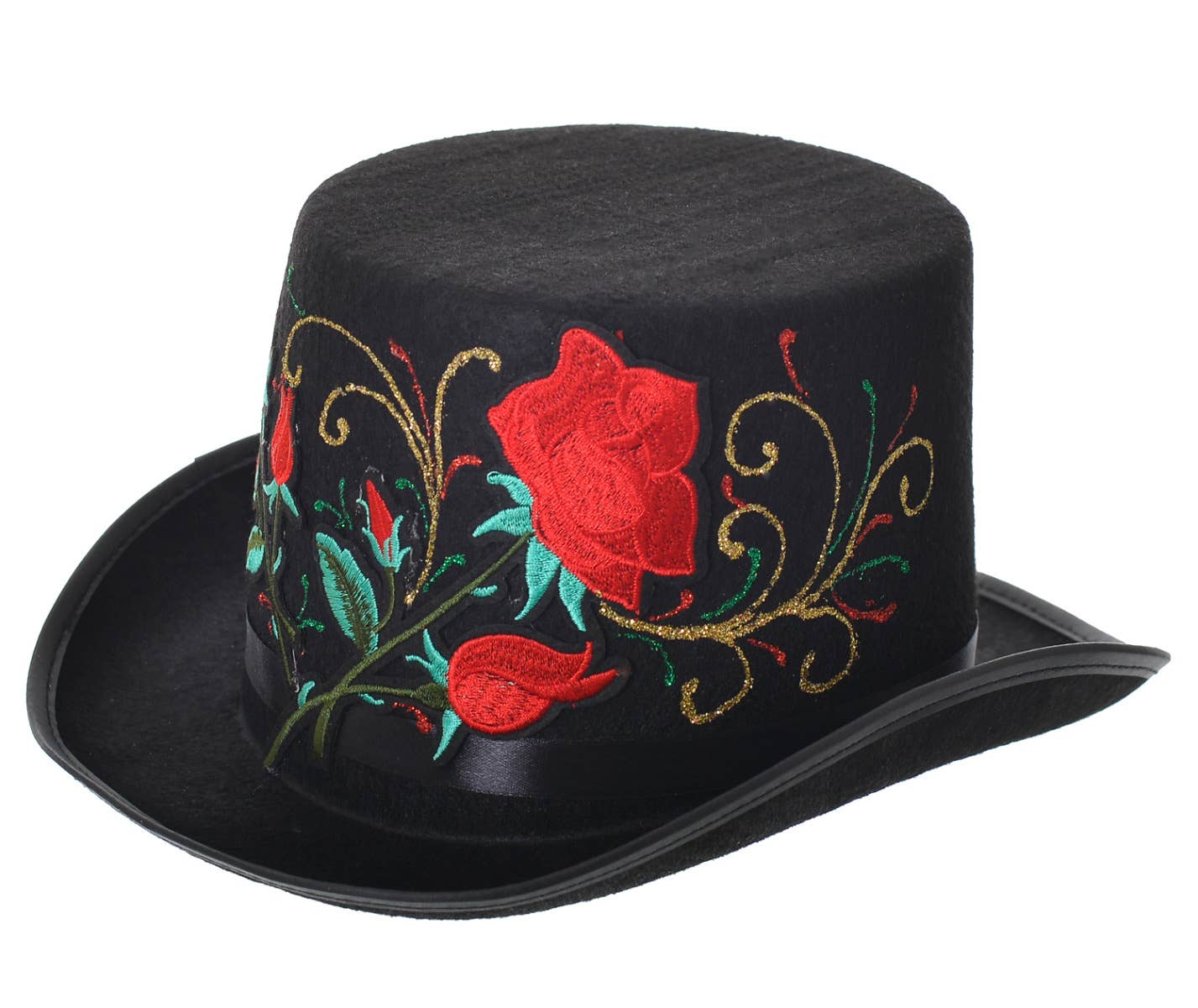 Embroidered Rose Black Top Hat Day of the Dead Costume Accessory Zoom image
