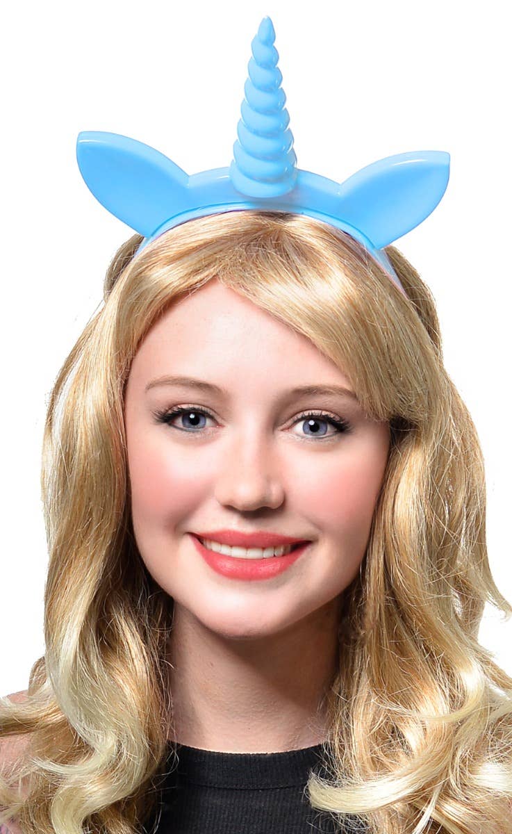 Pale Blue Novelty Light Up Unicorn Costume Headband Accessory - Main Image