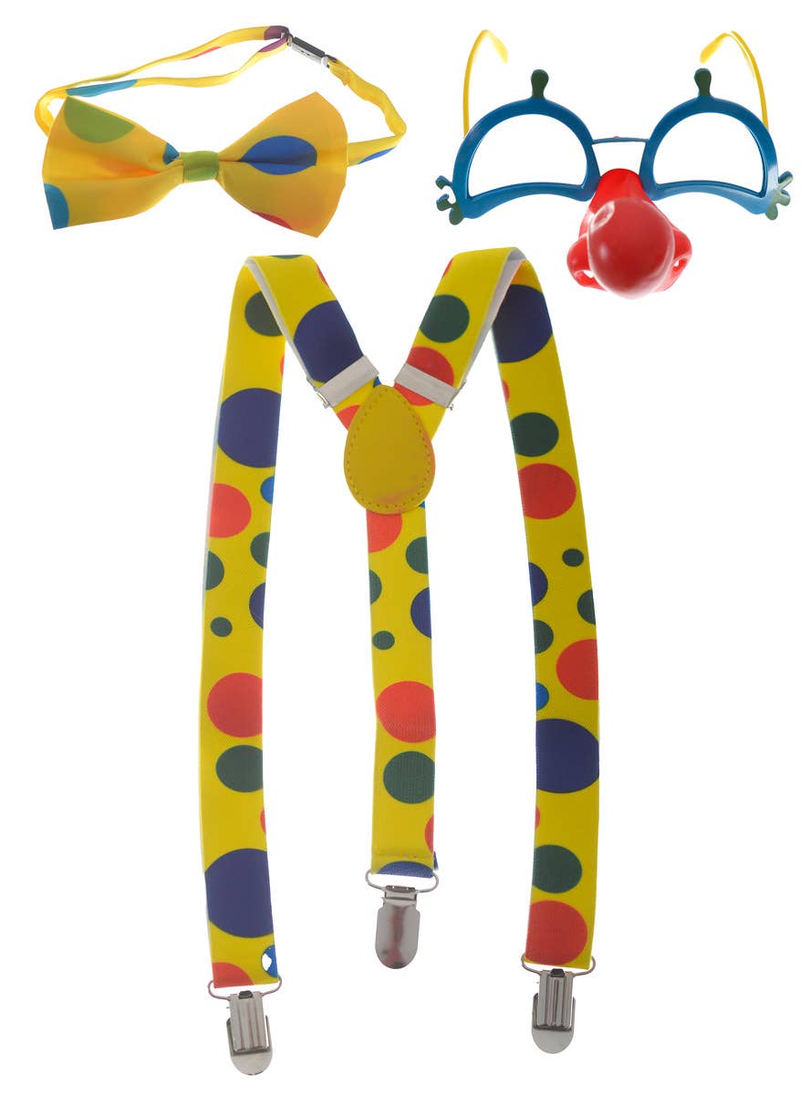 3 Piece Yellow Colourful Clown Set With Braces, Glasses and Bow Tie