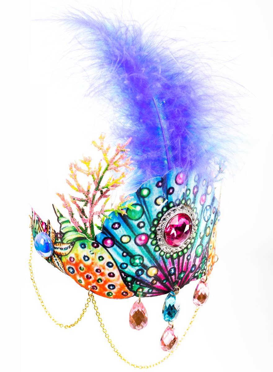 Mermaid Queen Costume Crown with Blue Feather, Jewels and Gold Chains - Alt Image