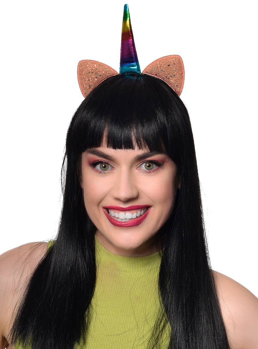 Unicorn Rainbow Horn on Headband with Pink Glitter Ears