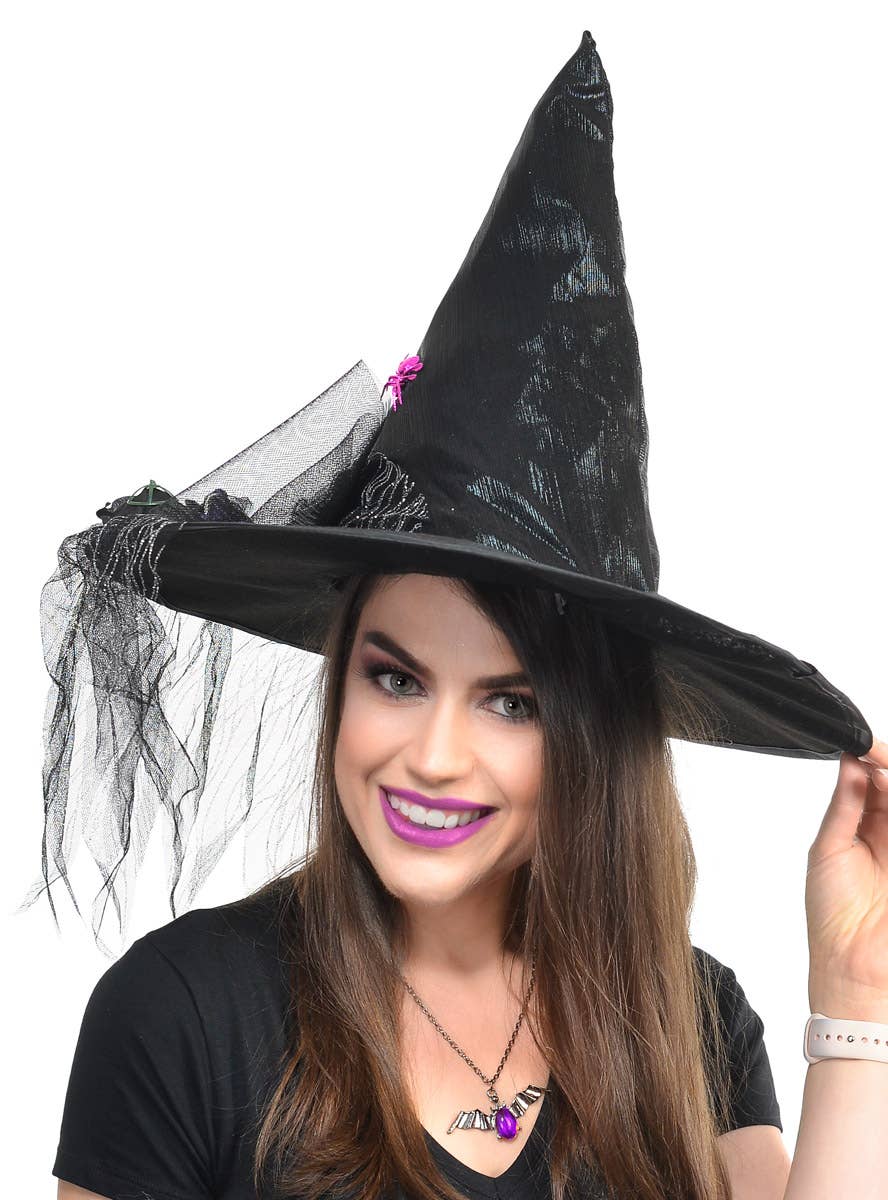 Black Witch Hat With Veil and Roses - Alternate Image