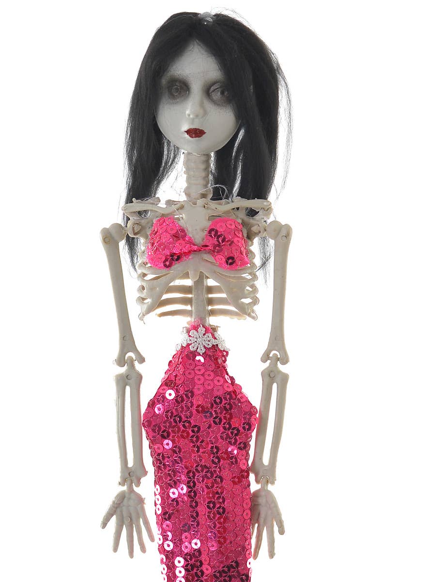 Hot Pink Sequined Creepy Mermaid Skeleton Haunted House Decoration Close Image