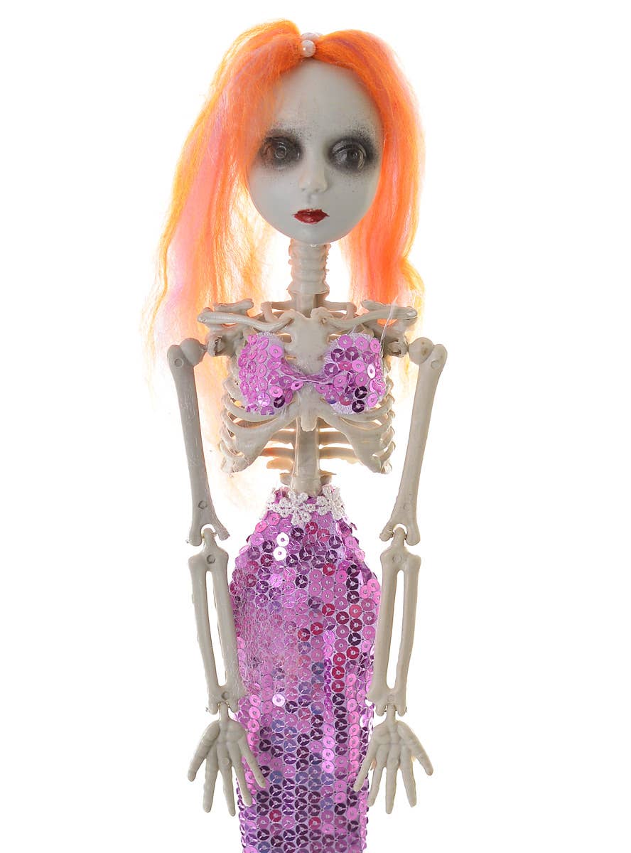 Purple Sequined Mermaid Skeleton Haunted House Prop Close Image