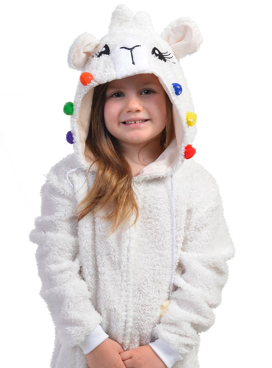 Fluffy White Llama Unisex Kids Onesie Costume - Close Image