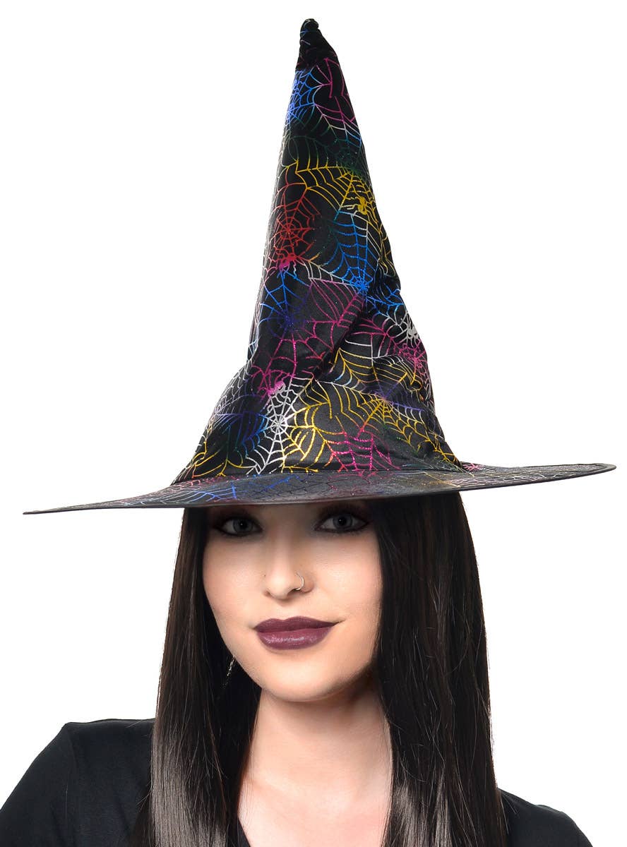 Black Witch Hat with Rainbow Spiderweb Print - Alternate Image