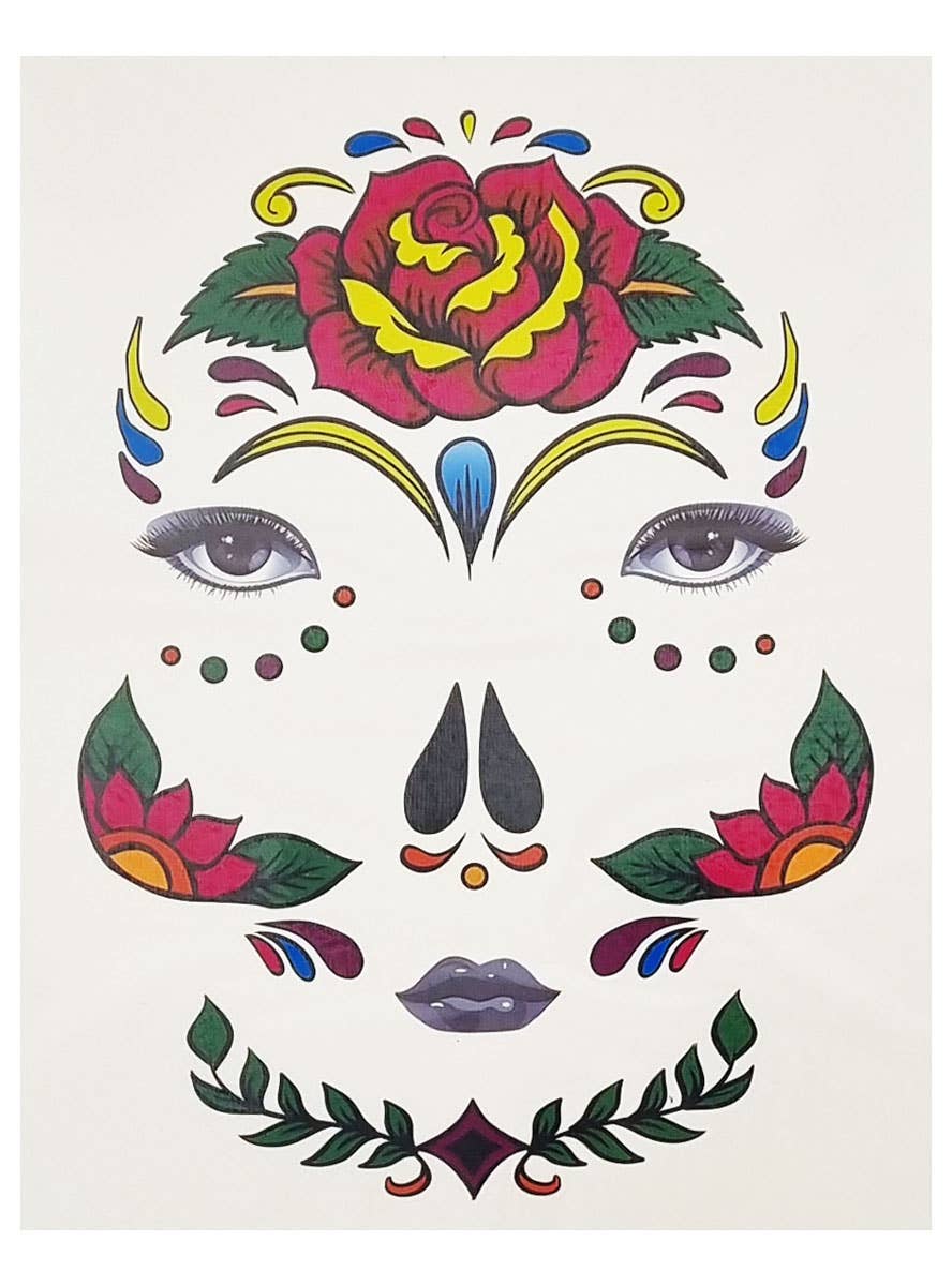 Red Roses Day of the Dead Sugar Skull Temporary Face Tattoos - Main Image