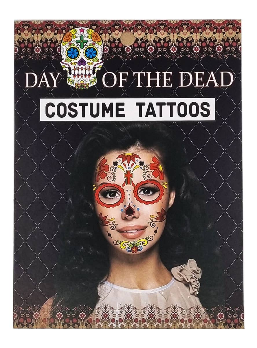 Floral Red and Yellow Day of the Dead Sugar Skull Temporary Face Tattoos - Packaging Image