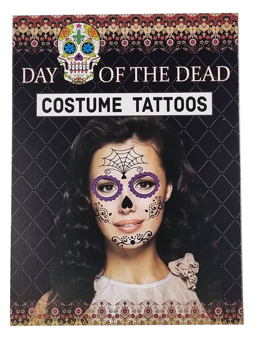 Black and Purple Spider Web Day of the Dead Sugar Skull Temporary Face Tattoos - Packaging Image