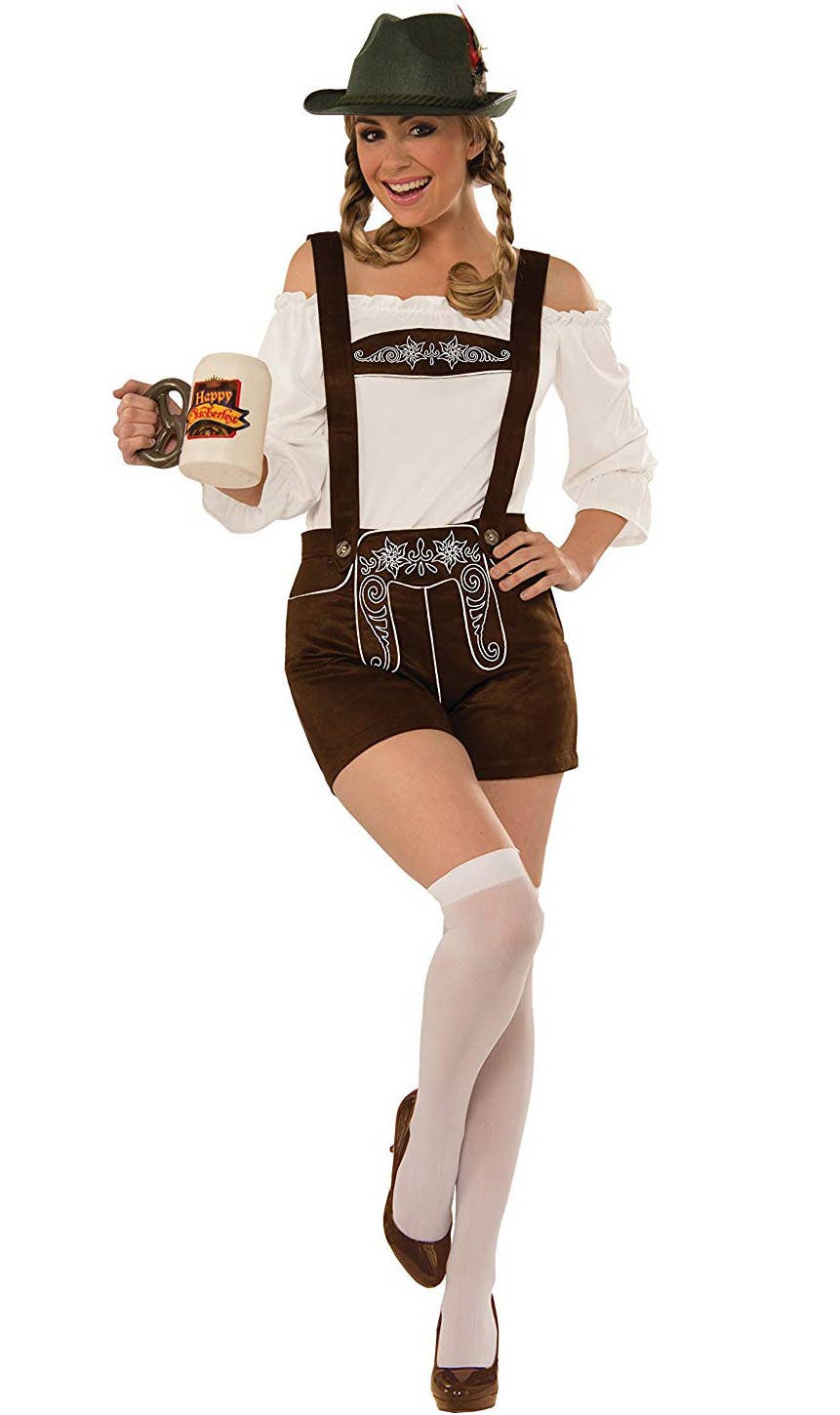 Women's Brown German Lederhosen Fancy Dress Costume