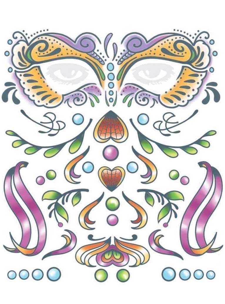 Sugar Skull Colourful Carnivale Face Tattoo - Alternative Image