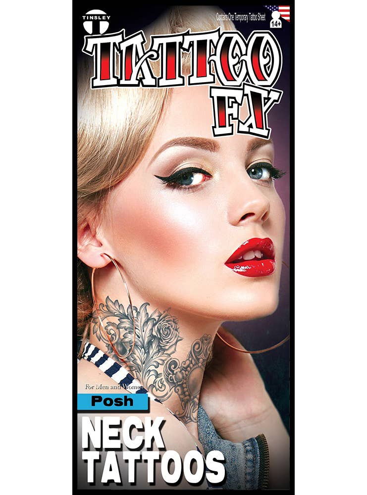 Posh Black and White Large Neck Temporary Costume Tattoo - Main Image