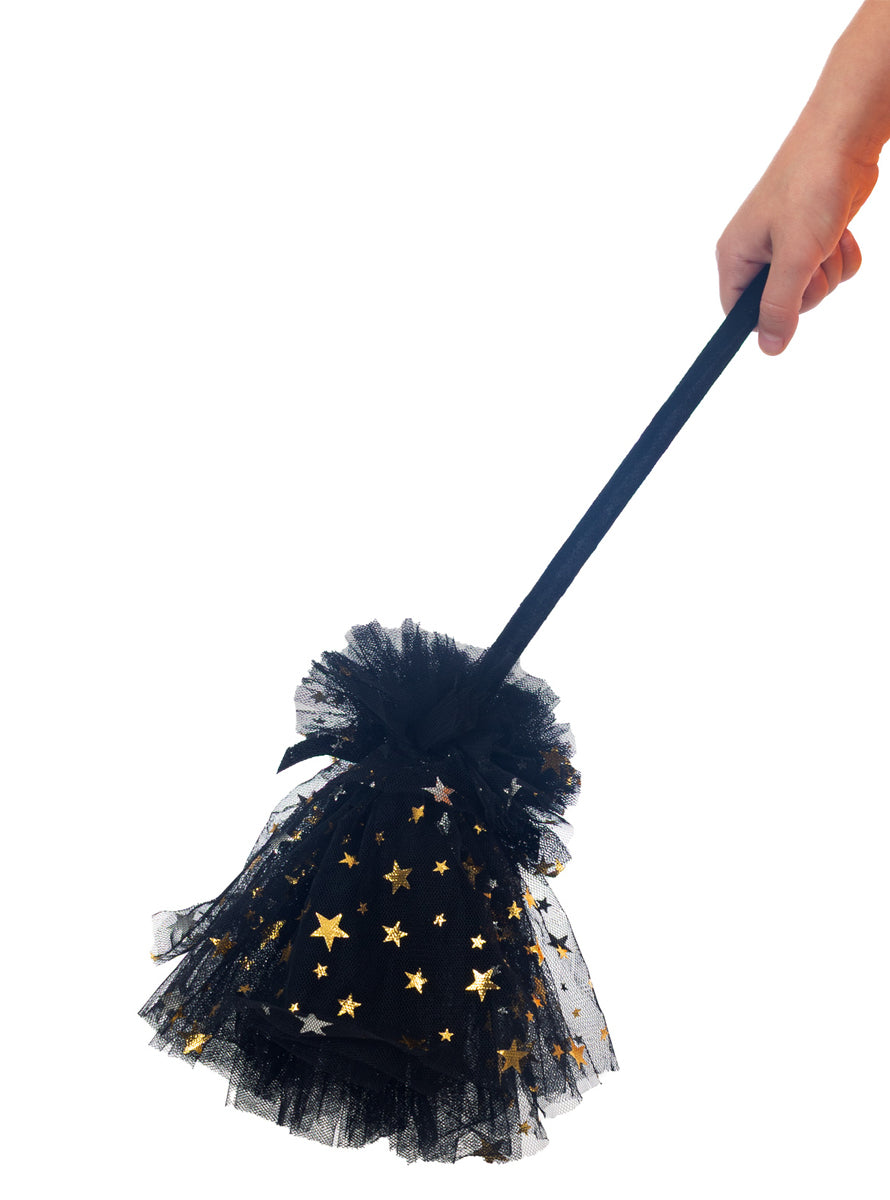 Tulle Black and Gold Star Witch Broom Costume Accessory - Main Image
