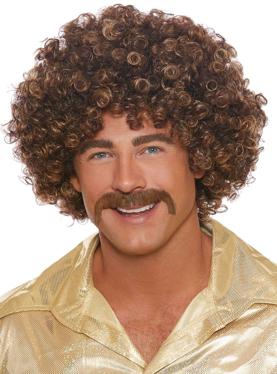 Tight Curly Brown and Blonde Disco Afro Costume Wig - Mens Image