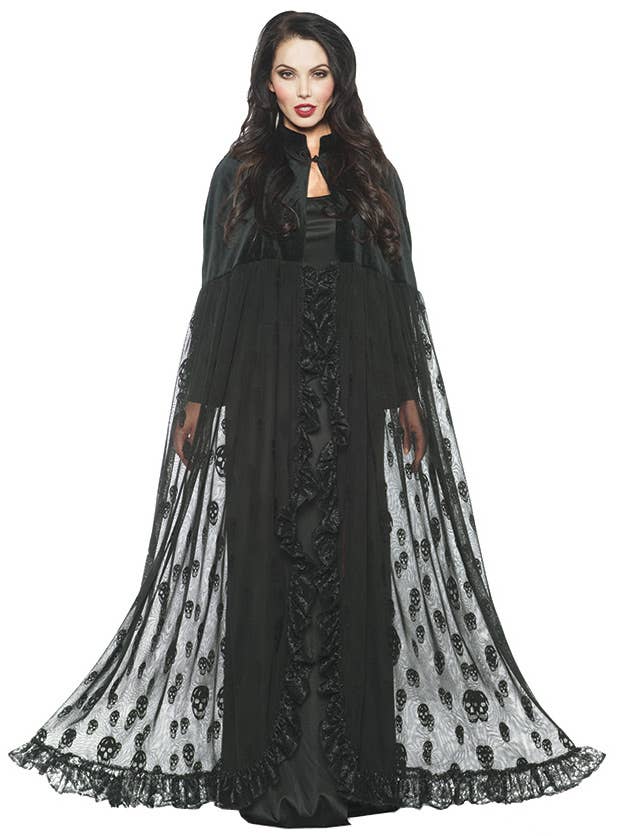 Image of Velvet and Lace Womens Black Skull Costume Cape