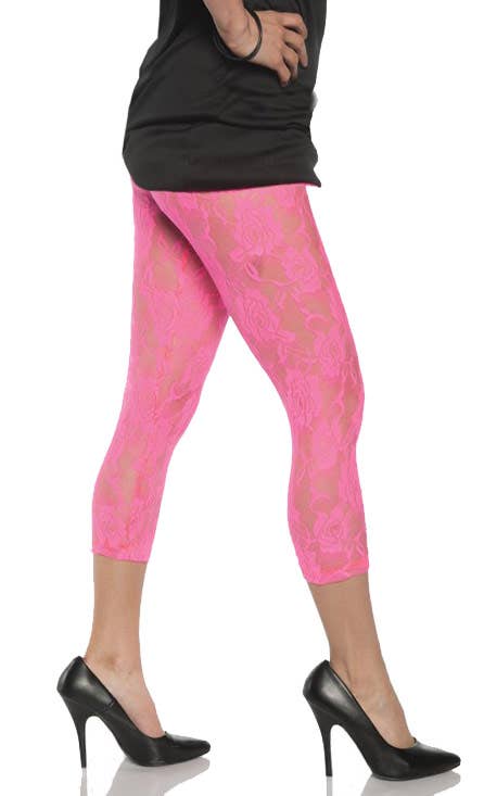 Women's 80s Costume Hot Neon Pink Lace Crop Leggings Tights Stockings Main Image