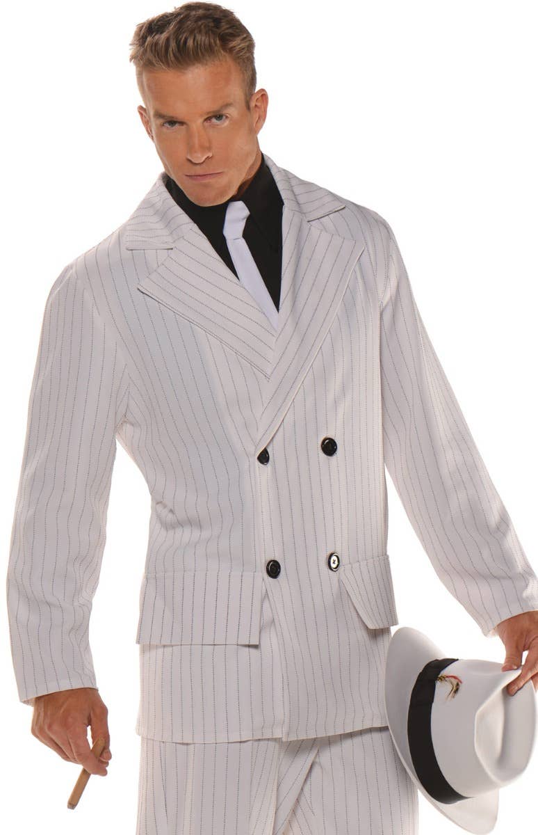 Smooth Criminal White Pinstripe Mens 1920s Gangster Costume - Close Up
