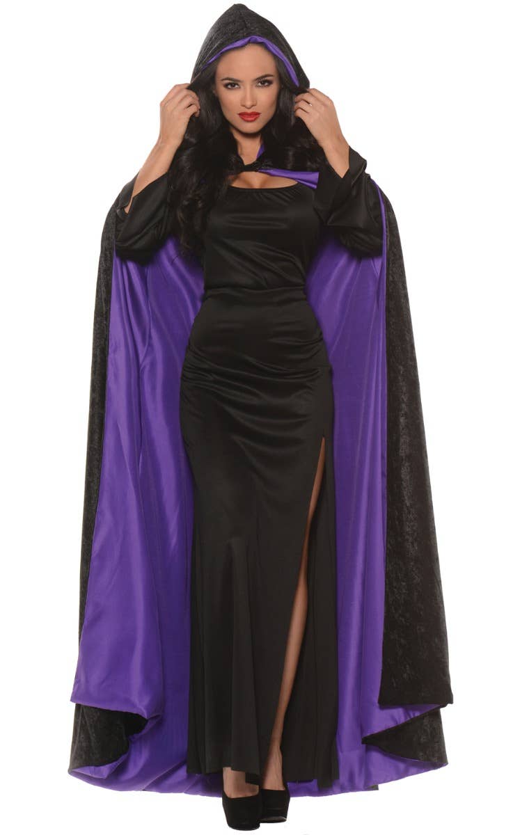 Hooded Black Velvet Cloak with Purple Satin Lining - Main Image