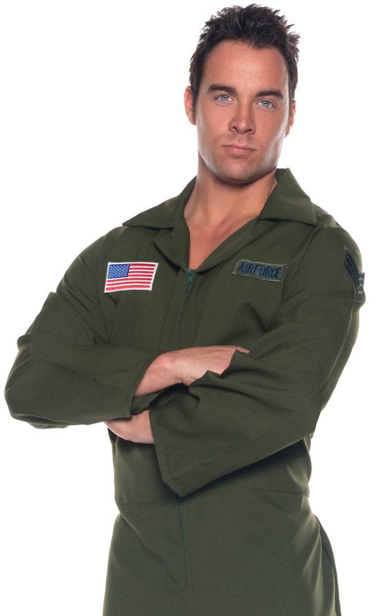 Men's Khaki Green Aviator Fighter Pilot Top Gun Maverick Movie Themed Fancy Dress Costume Jumpsuit Flight suit - Close Up Image