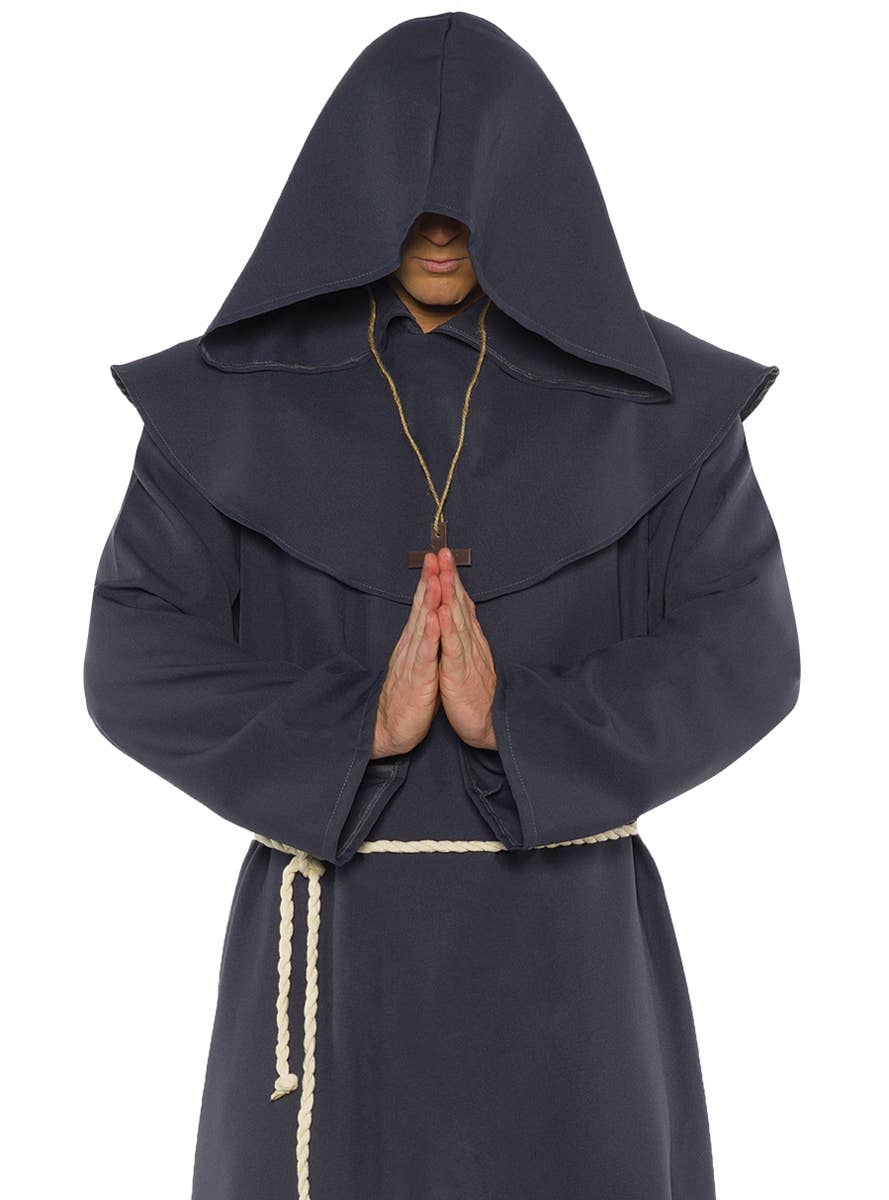 Men's Grey Hooded Robe Fancy Dress Costume - Close Image
