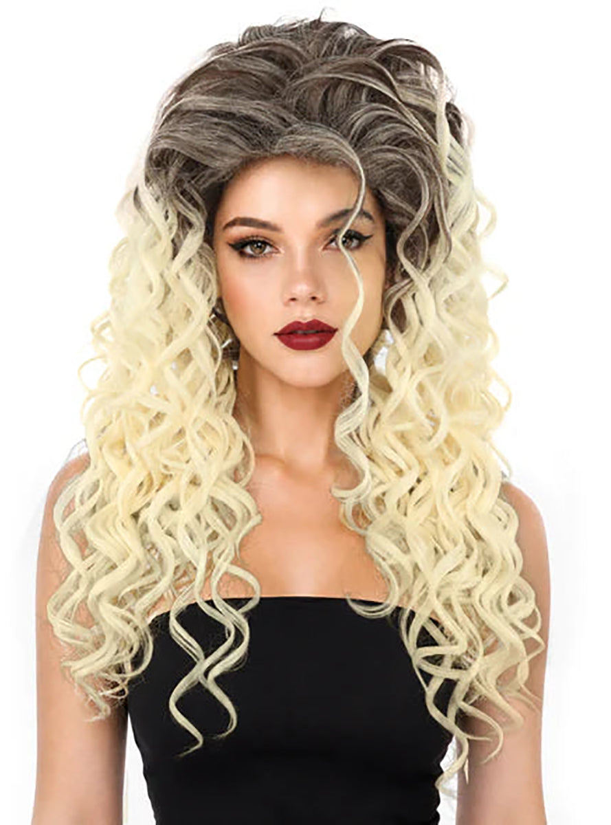 Iris Womens Long Curly Blonde Wig with Dark Roots