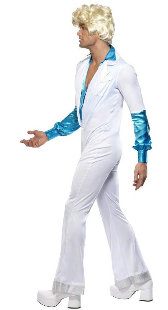 White and Blue 1970s Disco Dancing Mens ABBA Costume - Side Image