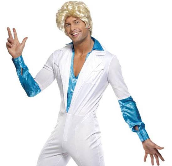 White and Blue 1970s Disco Dancing Mens ABBA Costume - Zoom Image