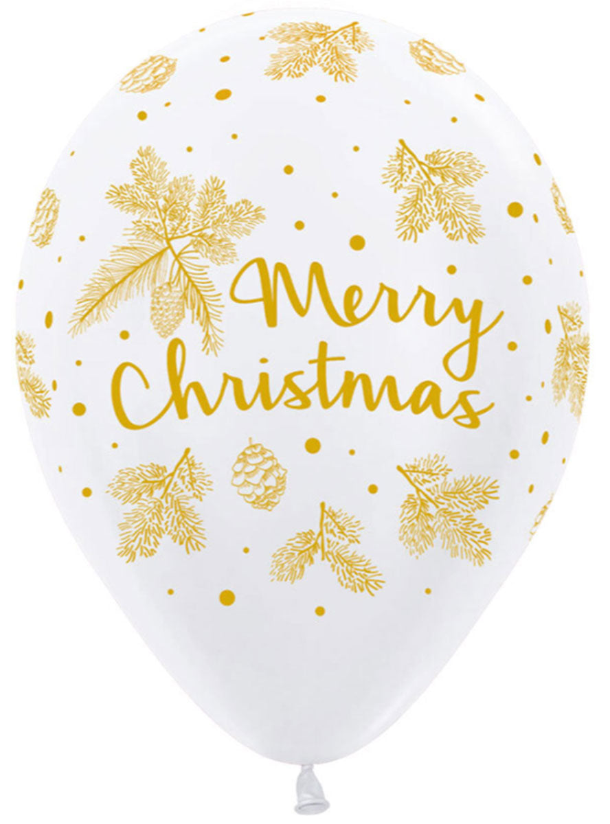 White And Gold Merry Christmas 12 Pack 30Cm Latex Balloons - Main Image