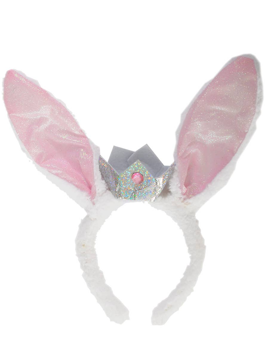 Sparkly Pink Rabbit Costume Ears with Mini Silver Crown - alternative image
