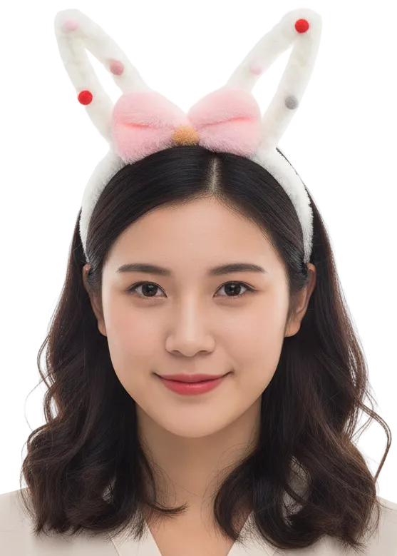 White Fluffy Bunny Ears with Pink Bow - main image