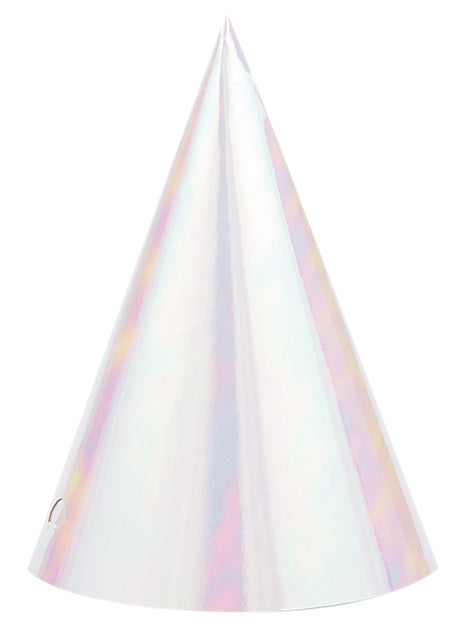 White Iridescent Foil 8 Pack Kids Cone Shaped Party Hats – Main Image