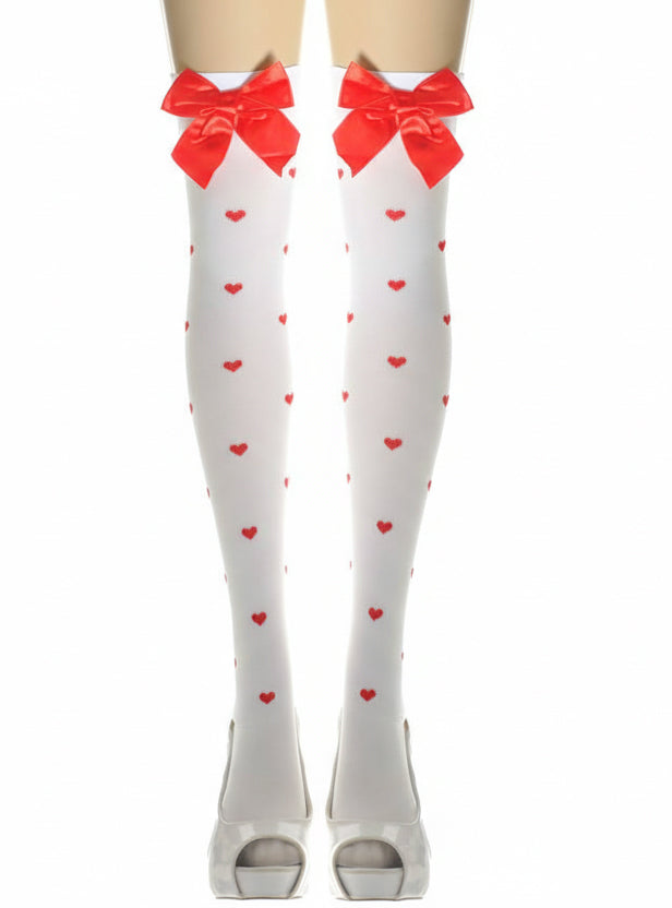 White Thigh High Costume Stockings with Red Hearts and Bows - Main Image