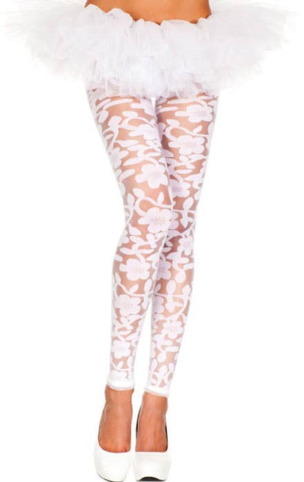 White Floral Lace Women's Footless Costume Leggings