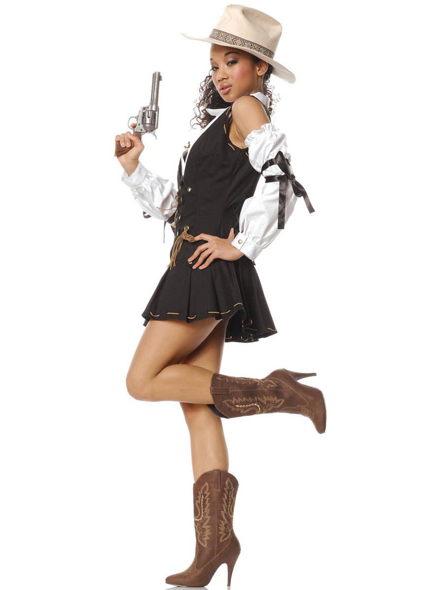Image of Wild West Brown Leather Look Cowgirl Costume Boots - Full View