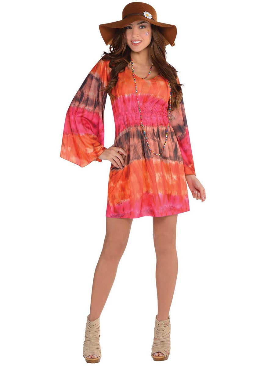 Womens 60s Pink and Orange Woodstock Hippie Costume Dress - Main Image
